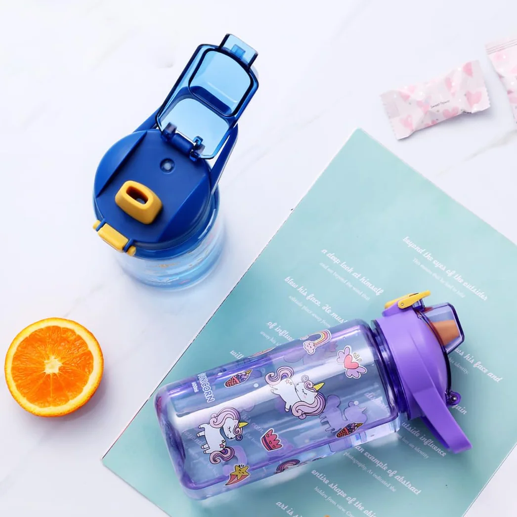 Gourde Enfant 600ml Paille Bouteille Eau sans BPA Anti-Fuite Bleu