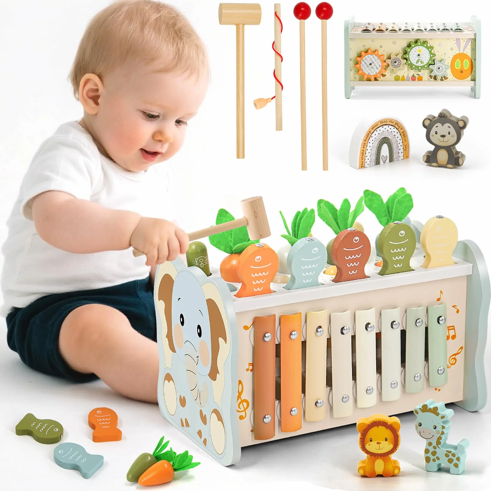 Jouet Montessori 1 an 6 en 1 Bois Bebe avec Xylophone, Jeu de Taupe, Pêche, Engrenage, Cadeau Anniversaire Noël 1 2 3 Ans Garcon Fille