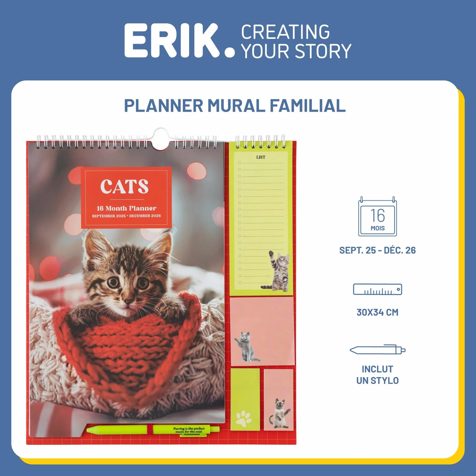 Calendrier Chats 2025 2026 16 mois Planificateur Mensuel Familial Grupo Erik