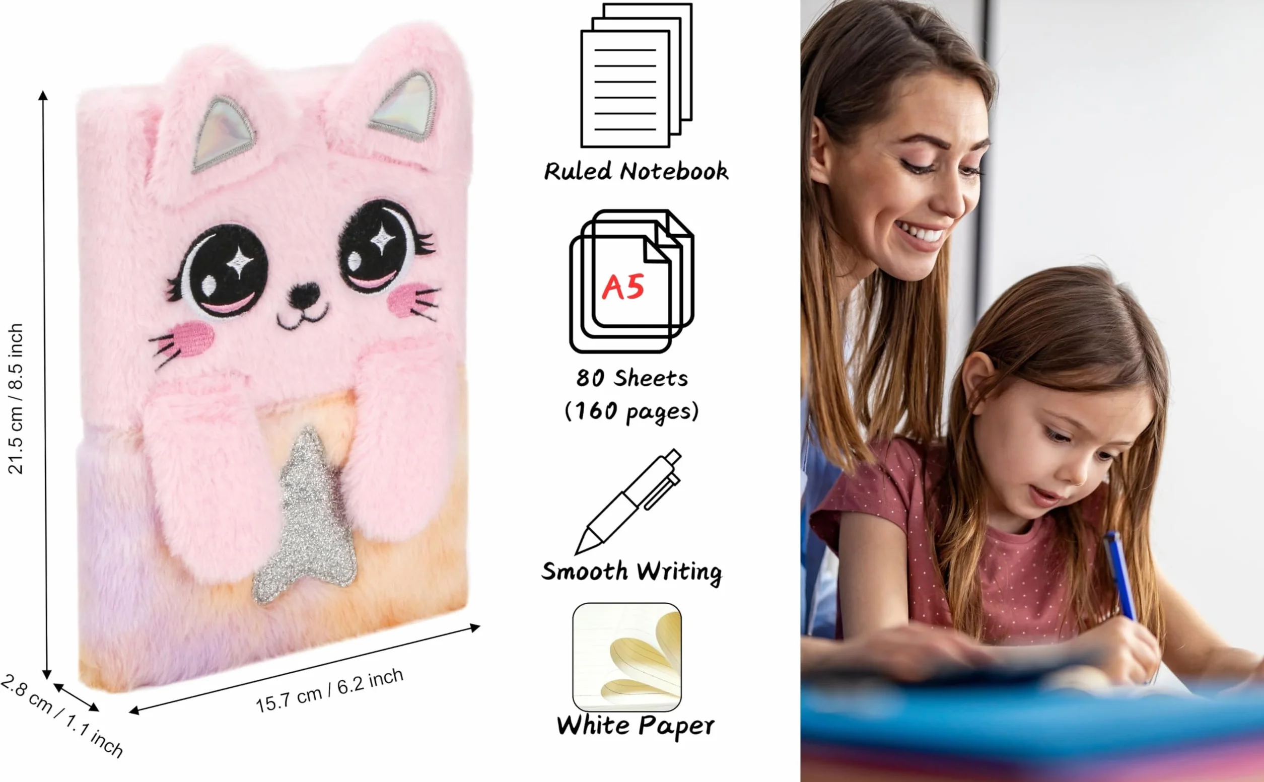 Cahier A5 Chat Rose Carnet Oreilles Pattes Pliables 160 Pages Lignées