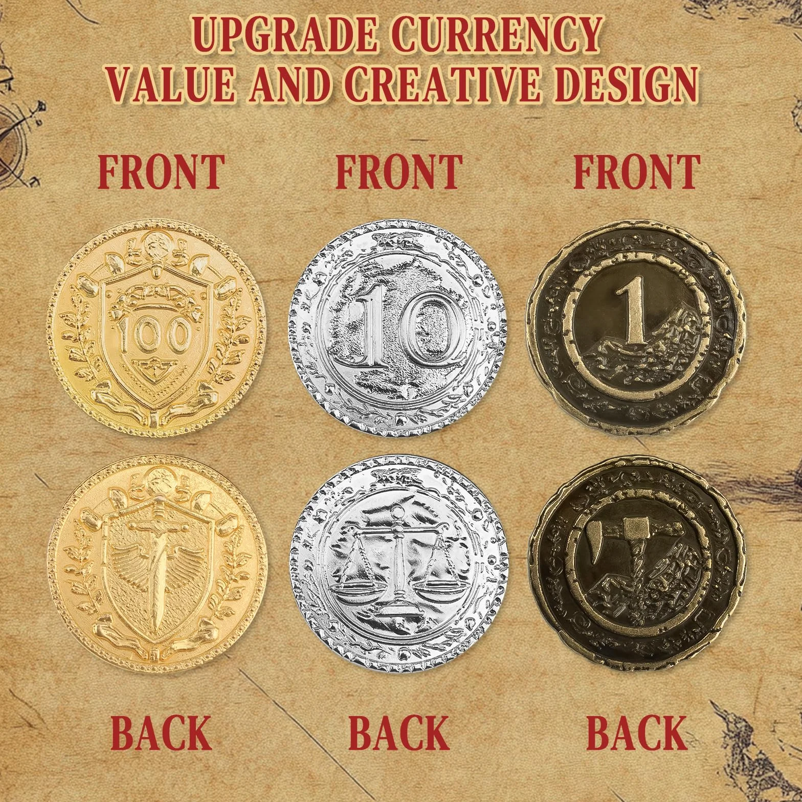 Lot de 100 pièces monnaie DND métal 3,5 cm Or argenté cuivre jeu société RPG fantaisie