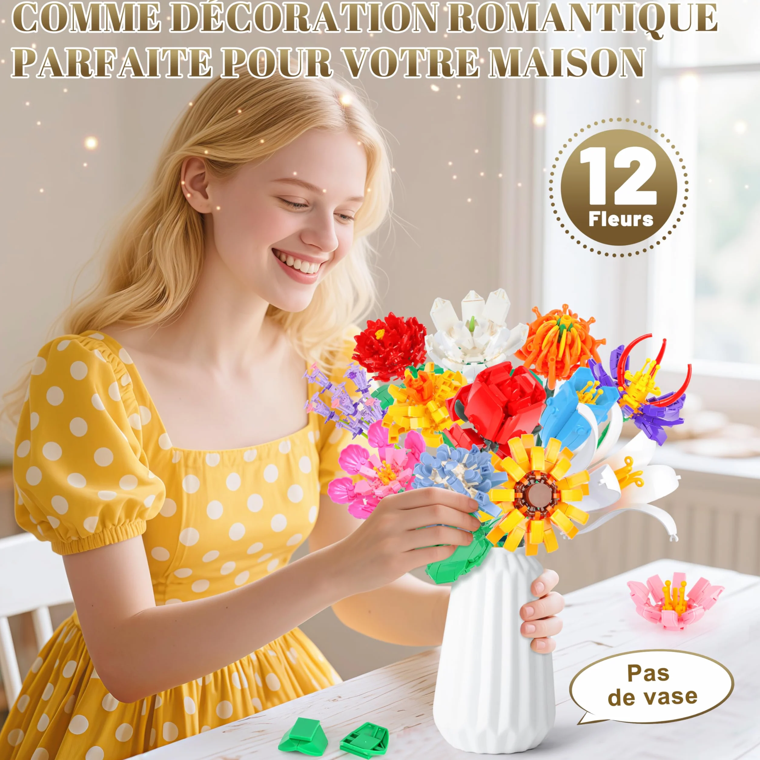 Kit de Construction Bouquet de Fleurs Charmofun, 1064PCS LED Blocs de Fleurs, 12 Types de Bouquets, Cadeau Fête des Mères Anniversaire Noël