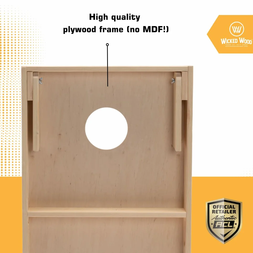 Wicked Wood Games Ensemble de cornhole officiel 120 x 60 cm – Taille compétition – Produit sous licence ACL – Comprend 2 planches + 2 x 4 sacs (orange et noir) – Impression UV – Bois massif –