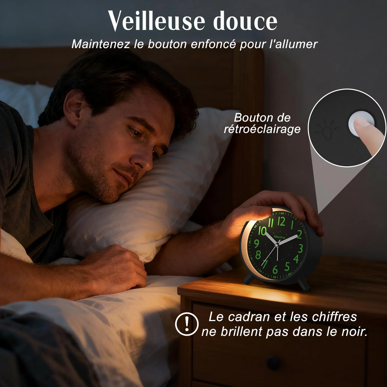 SOCICO Réveil Analogique Horloge de Chevet Rétro Ronde Métal Piles Veilleuse Fonction Snooze Noir