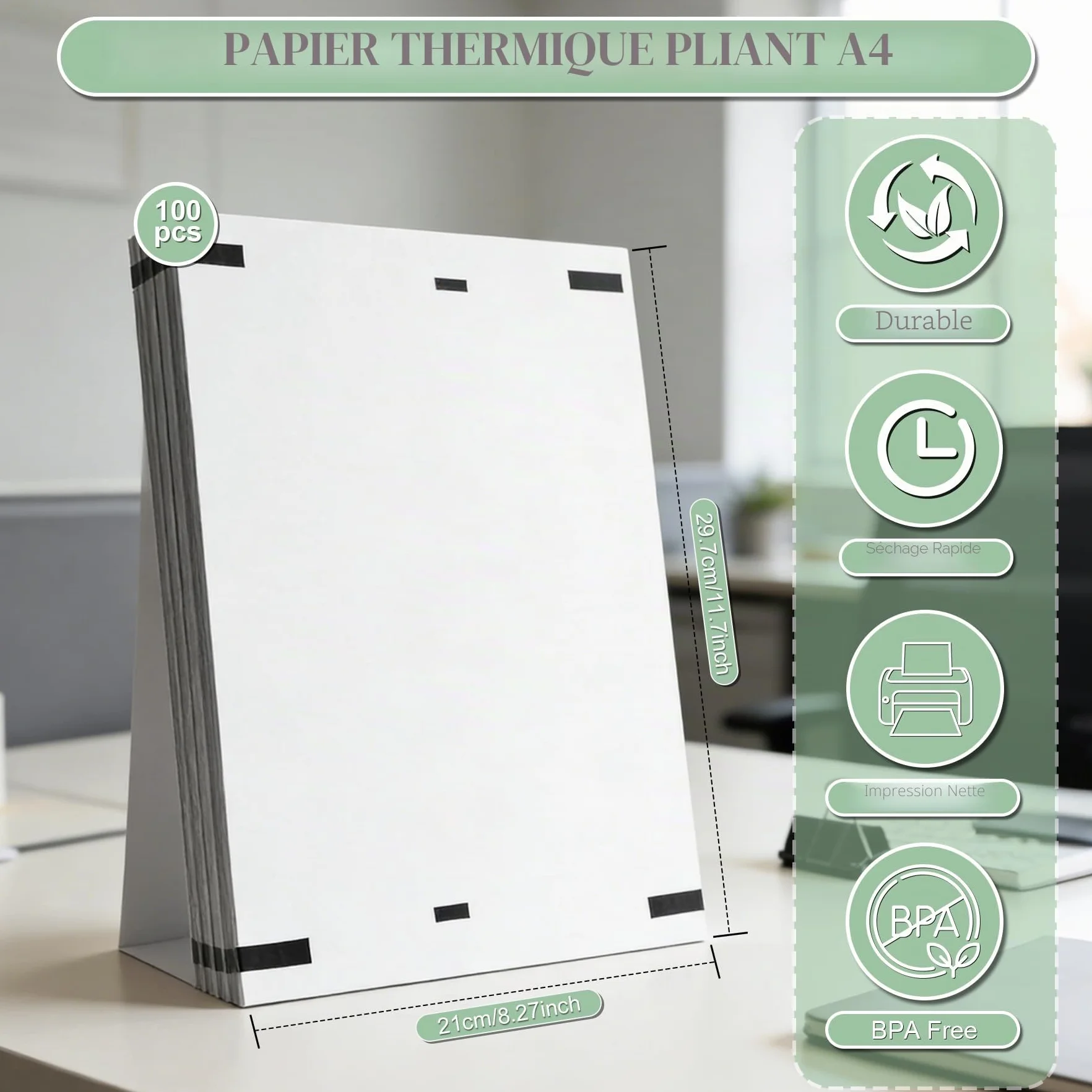 Papier Thermique A4 Pliable 200 Feuilles Sans BPA Séchage Rapide pour Imprimante Thermique