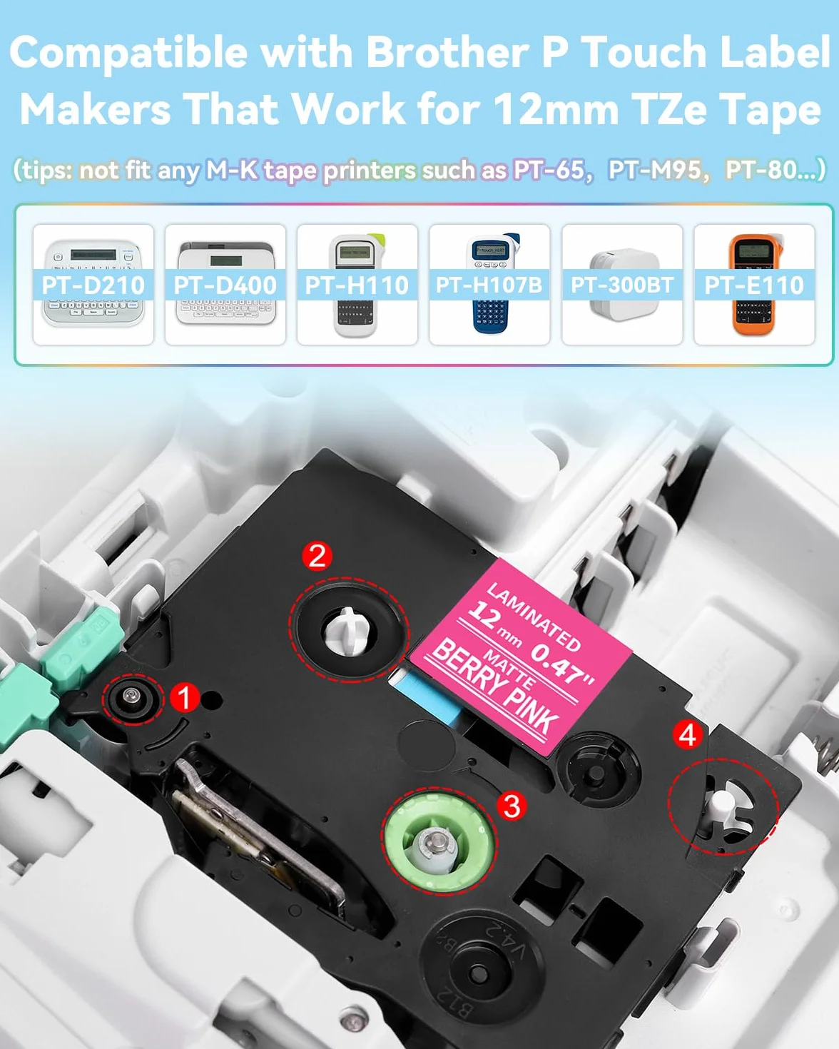 MarkField Ruban Remplacement Brother P-Touch TZ TZe 12mm x 8m 0,47 laminés étiquette PT-H105 H101C H110 H200 H100LB