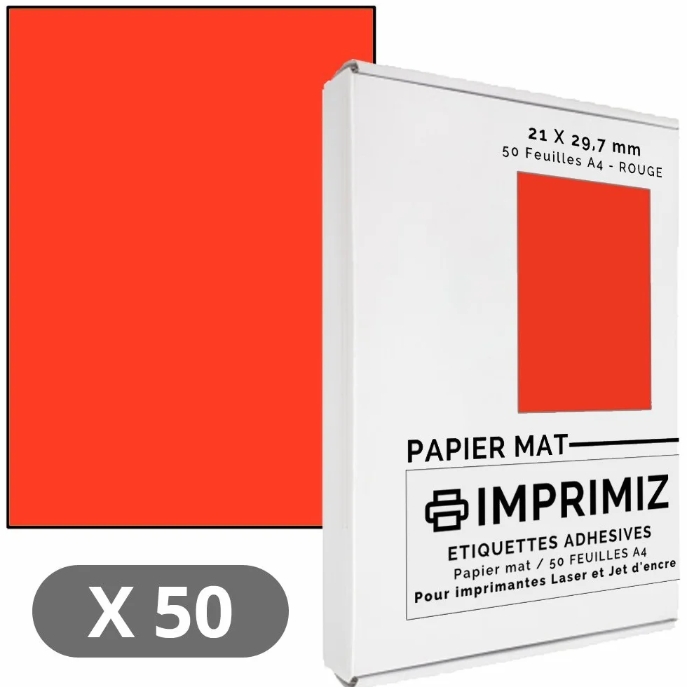 Feuilles Adhésives A4 Rouge Fluo Mat 210 x 297 mm Lot de 50 pour Imprimantes Laser et Jet d'encre