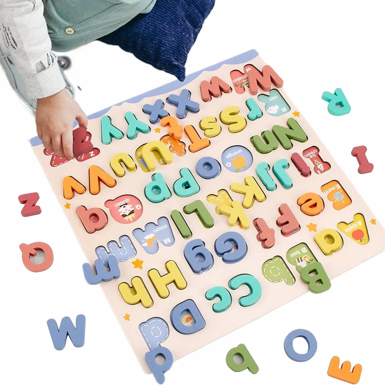 Puzzle Alphabet en Bois Montessori Jouet Éducatif Préscolaire Tableau Lettres Majuscules et Minuscules
