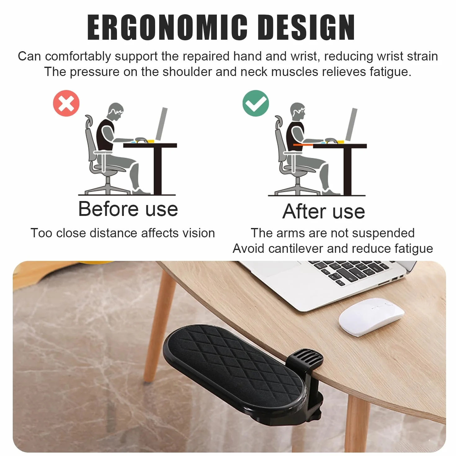 Repose Bras Accoudoir Bureau Réglable Support Ordinateur Ergonomique 180° Noir