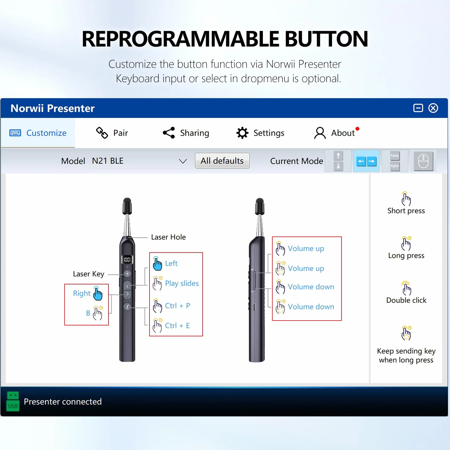 Norwii N21 Clicker de Présentation Bluetooth avec Pointeur Télescopique, Télécommande pour PowerPoint