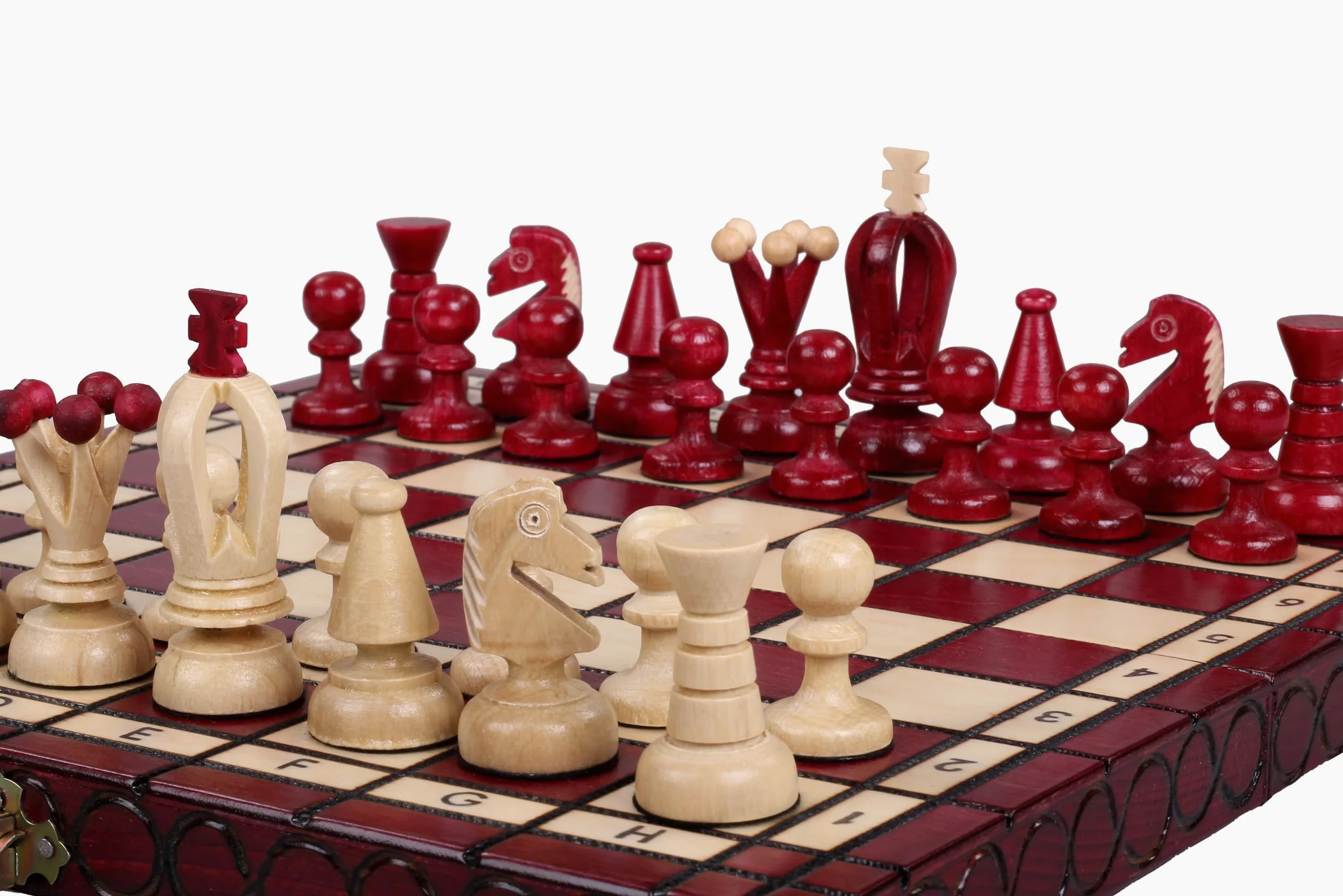 Sunrise Chess & Games Échecs royaux compacts en bois, 30 cm, rouge cerise | Planche pliante de 30 cm, format compact, compartiment intérieur pour figurines, version cerise, poids 0,6 kg