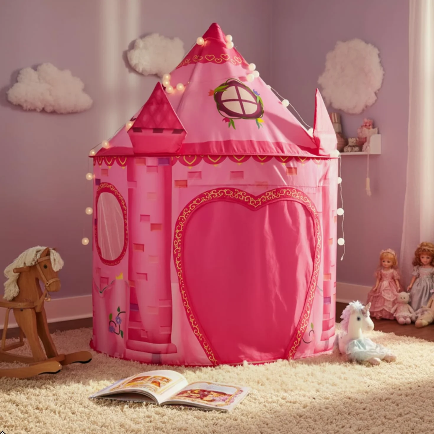 Tente Enfant Rose Château Princesse Maison de Jeu Intérieur Pliable