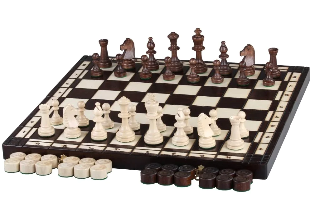 Sunrise Chess & Games - Jeu d’échecs et de Dames 2 en 1 en Bois 50 x 50 cm - Grand échiquier Pliable avec pièces en Bois de Charme