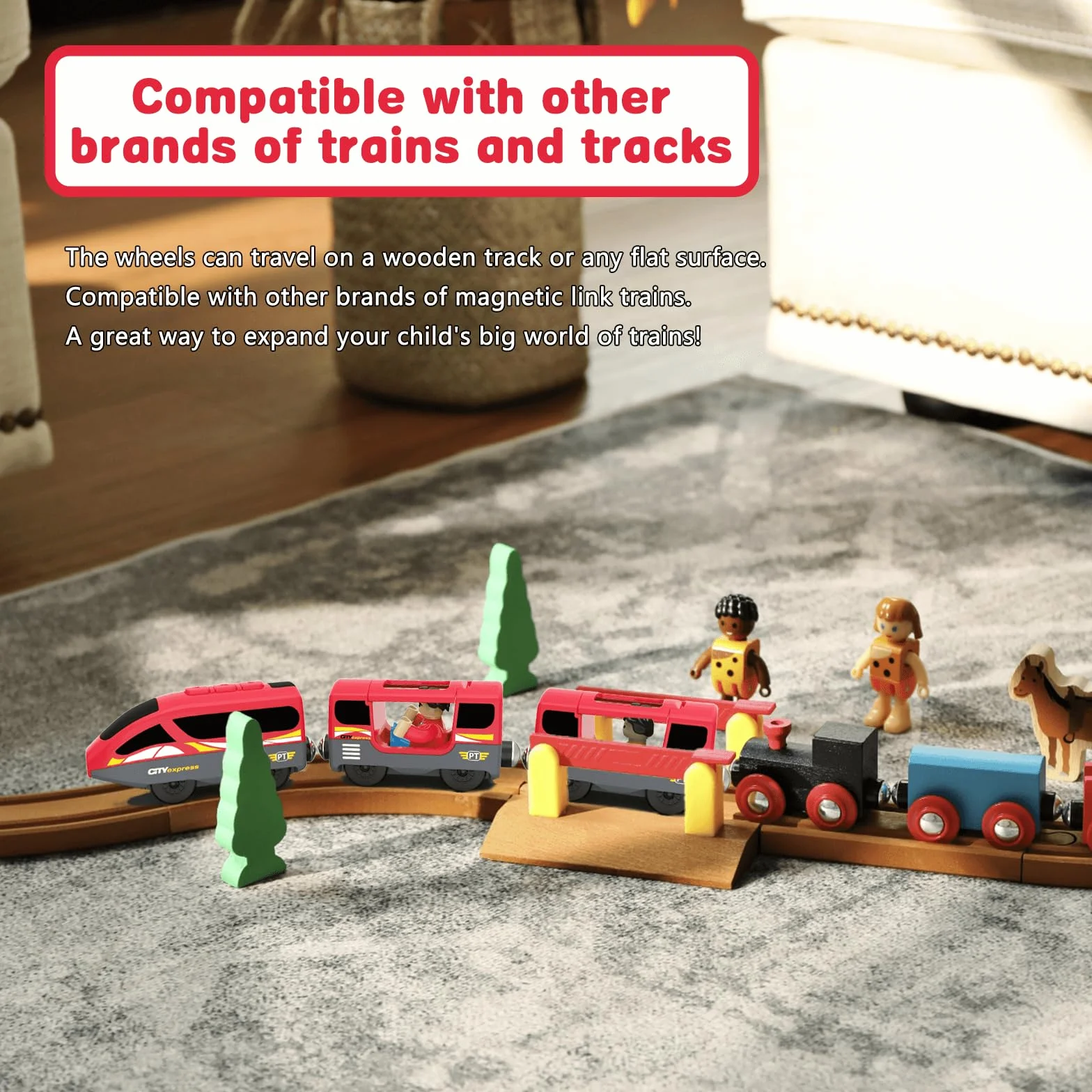 Train à Piles en Bois pour Chemin de Fer, Jouet Locomotive Son et Lumière, Véhicule Électrique Enfant 3-8 Ans Compatible Brio Thomas Rouge
