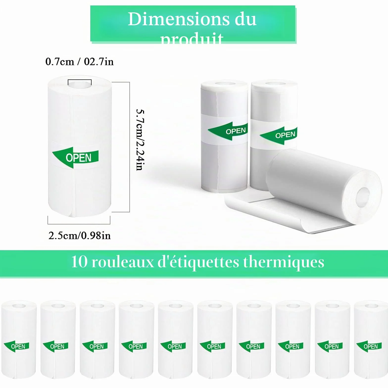 Papier Thermique 57x25mm Auto-adhésif Blanc pour Mini Imprimante, 10 Rouleaux
