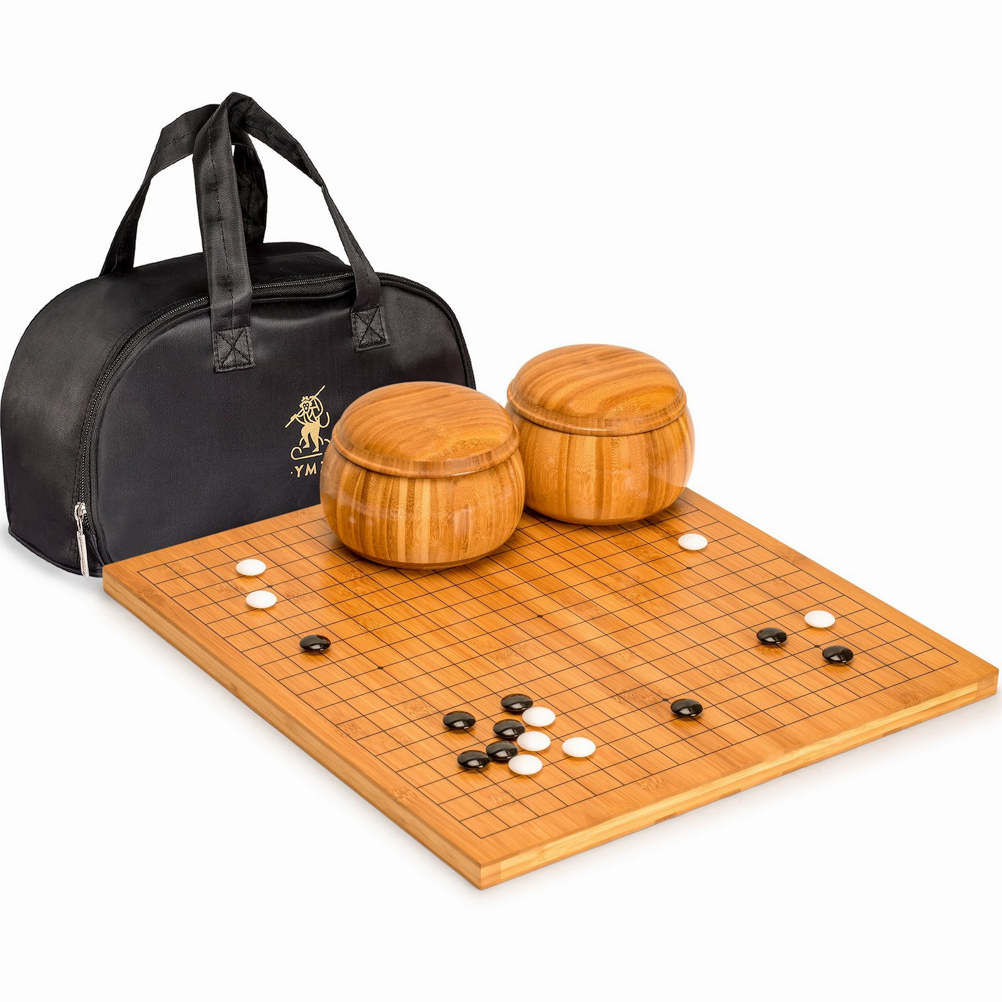 Yellow Mountain Imports Plateau de Jeu de Go Recto-Verso en Bambou 2 cm 19 x 19/13 x 13 avec Pierres Convexes Doubles en Mélamine et Bols en Bambou