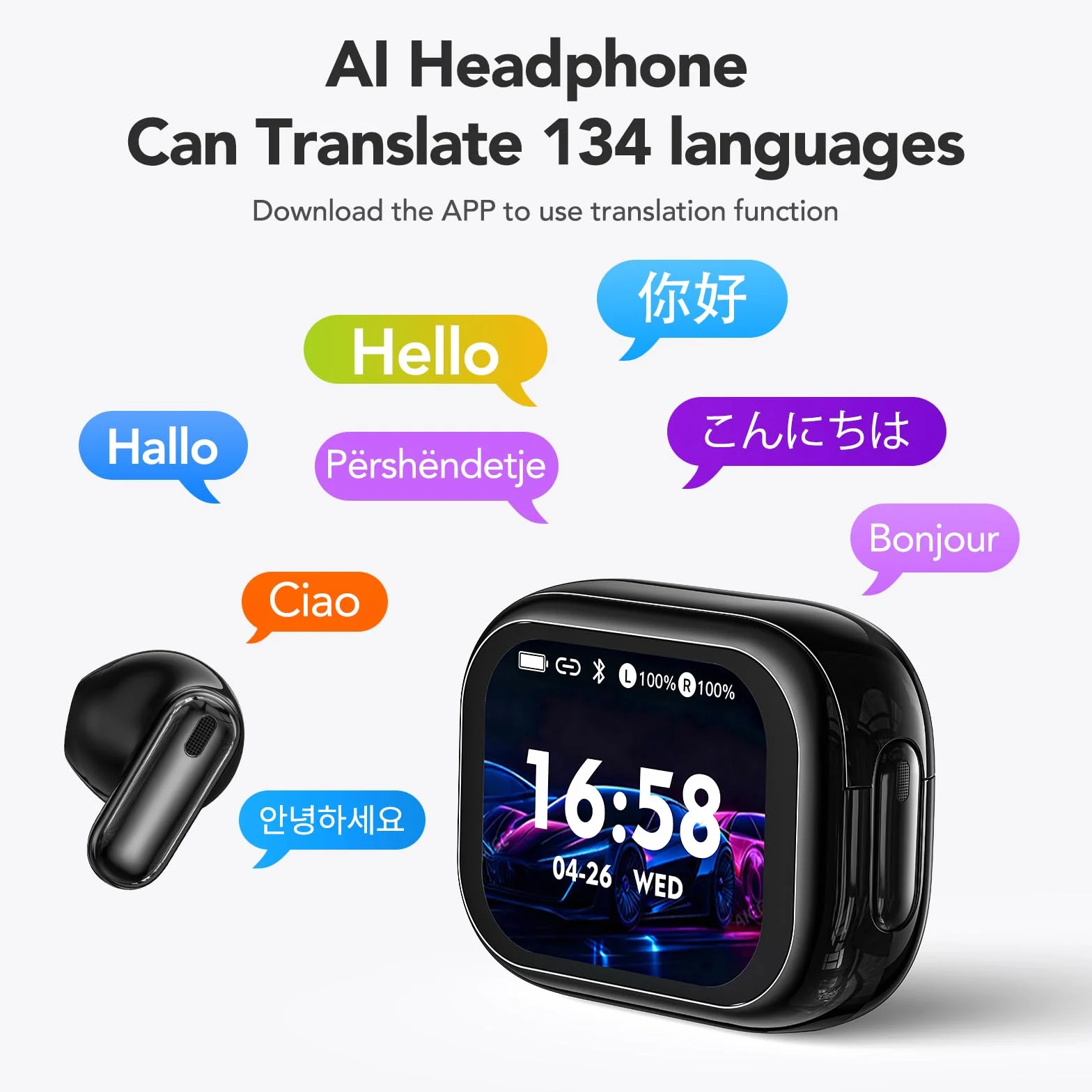 Écouteurs Traduction Instantané 134 Langues Bluetooth Sans Fil avec Écran Tactile Noir