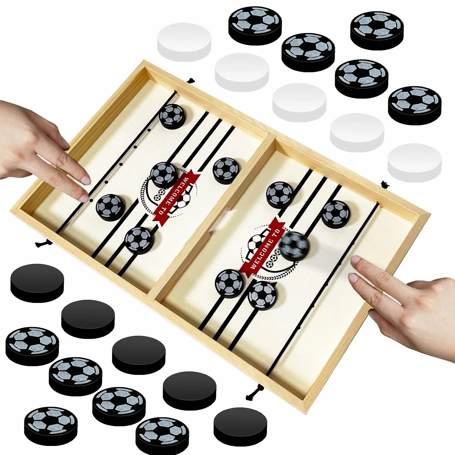 Jeu de Palet Bois Sling Puck Rapide pour Enfant, Jeu de Société avec 1 Échiquier et 20 Pièces, Football