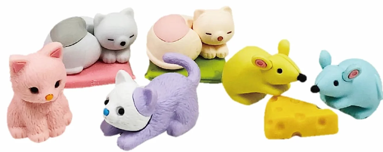 Iwako Lot de Gomme Kawaii Puzzle Chat et Souris - Made in Japan - Mini Gomme Animaux - Enfant Dès 3 ans