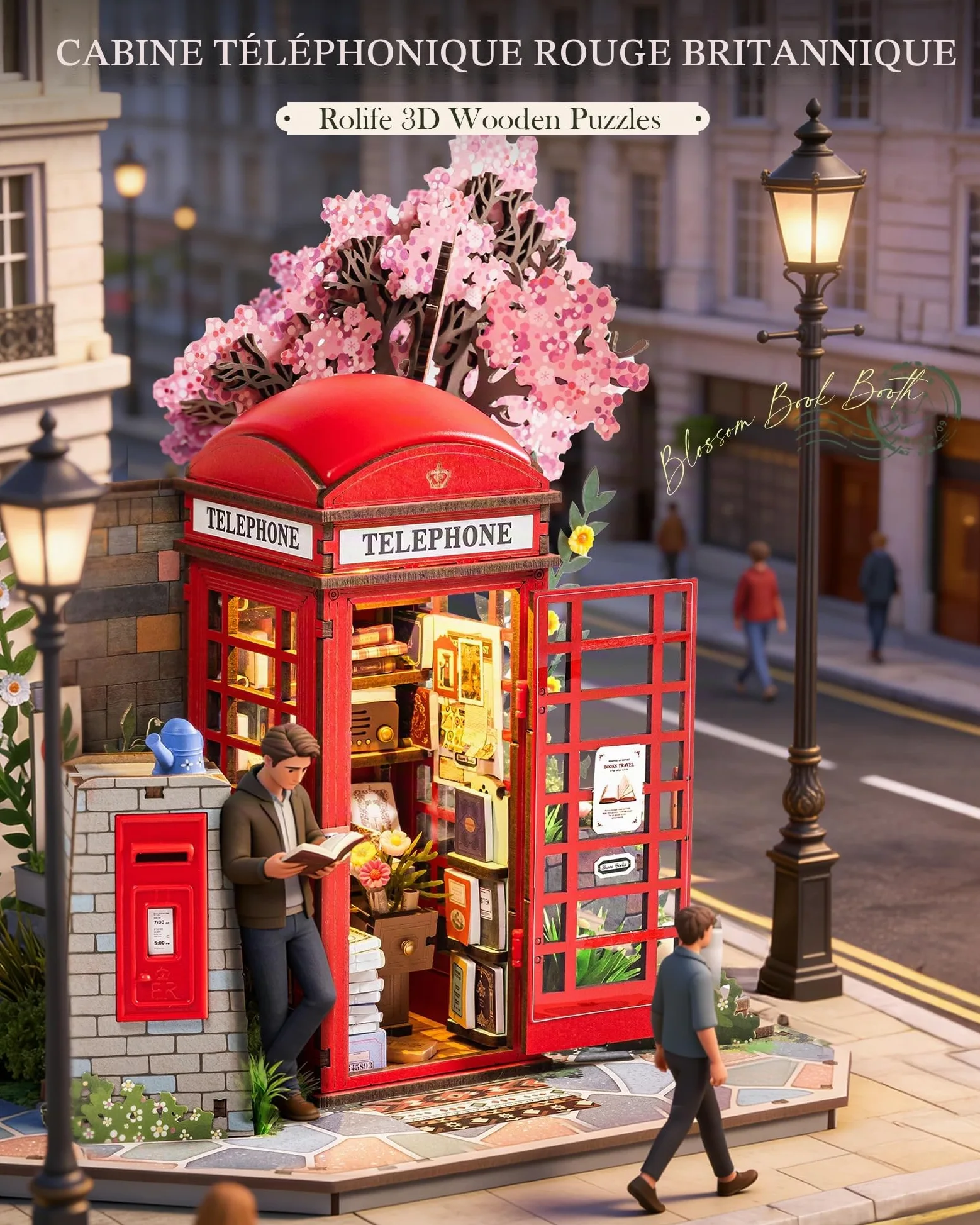 Rolife Puzzle 3D en Bois Cabine Téléphonique Rouge de Londres Maquette pour Adultes à Construire Blossom Kiosque à Livres Jeu de Construction avec Éclairage LED Décoration Intérieure Cadeau Créative