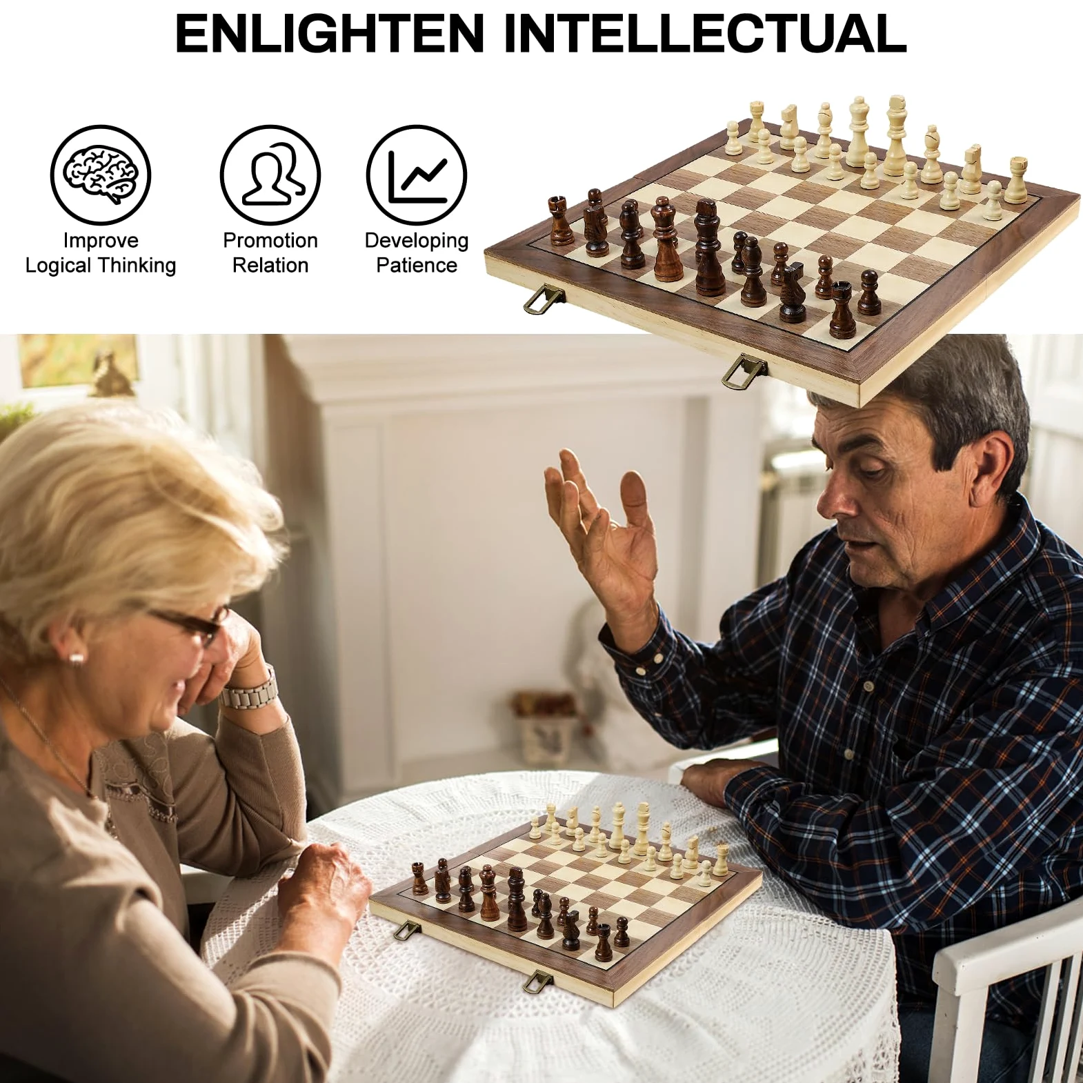 LEAP Jeu d'échecs magnétique en bois pliable de 39 cm - 7,62 cm - King Size - Jeu d'échecs de voyage avec 2 pièces supplémentaires et emplacements de rangement pour adultes