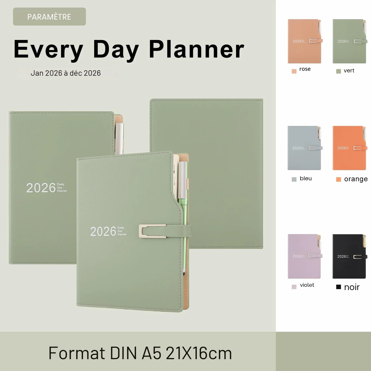 Agenda académique 2026 A5 Un jour par page avec autocollants calendrier porte-stylo et stylo 14 x 21,5 cm vert