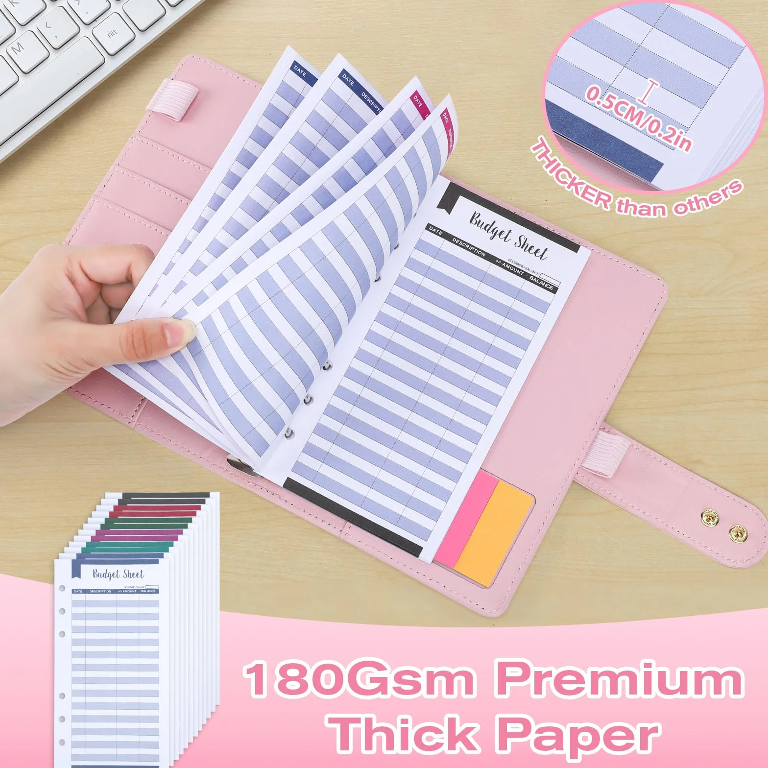 Euqvunn Enveloppe Budget A6 avec Enveloppes Argent Liquide, Fermoirs Ajustables, Classeur Budget Carnet Rose