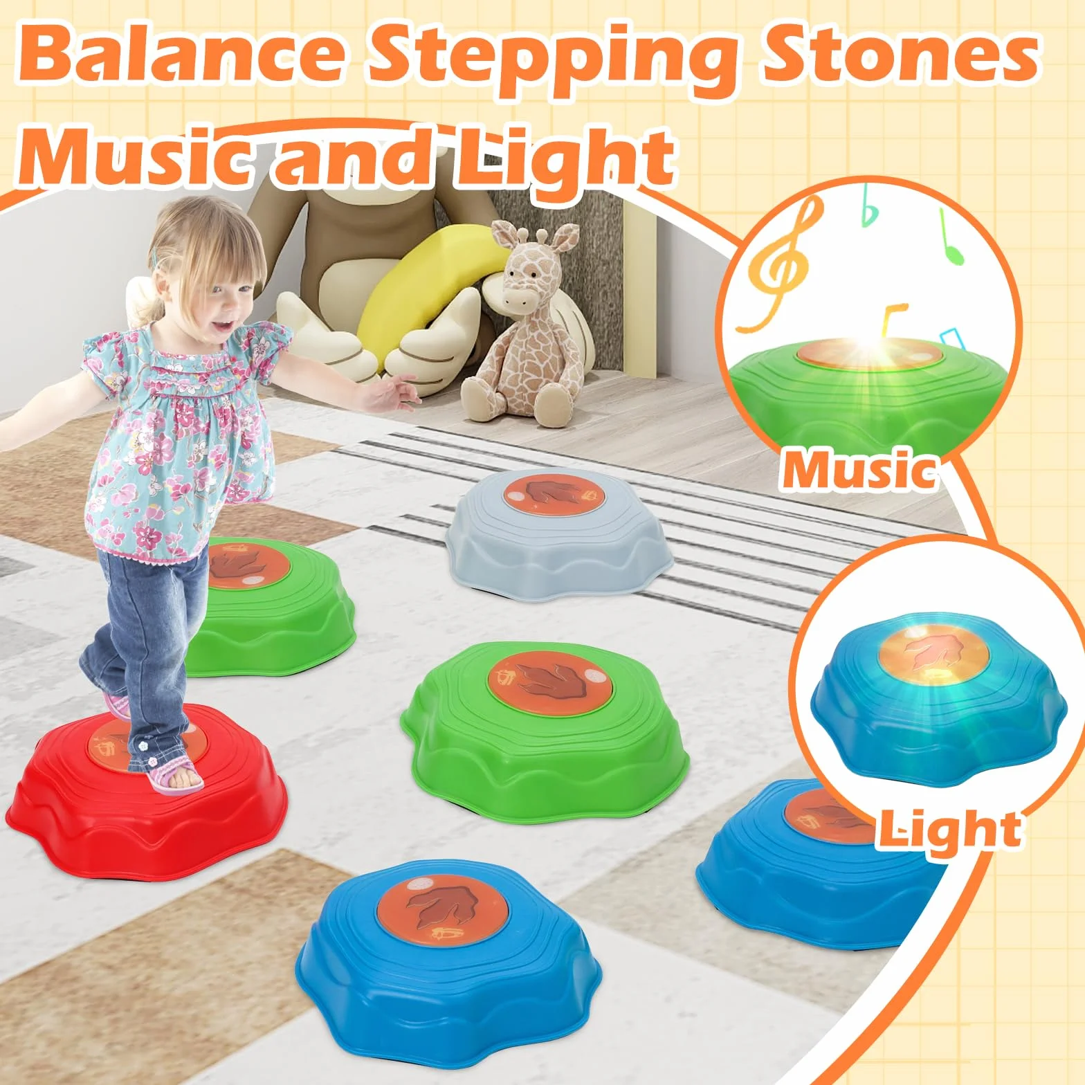 Pierre d'équilibre Enfants Lumières Musique Lot de 6 Antidérapantes Parcours Motricité Sensoriel Intérieur Extérieur