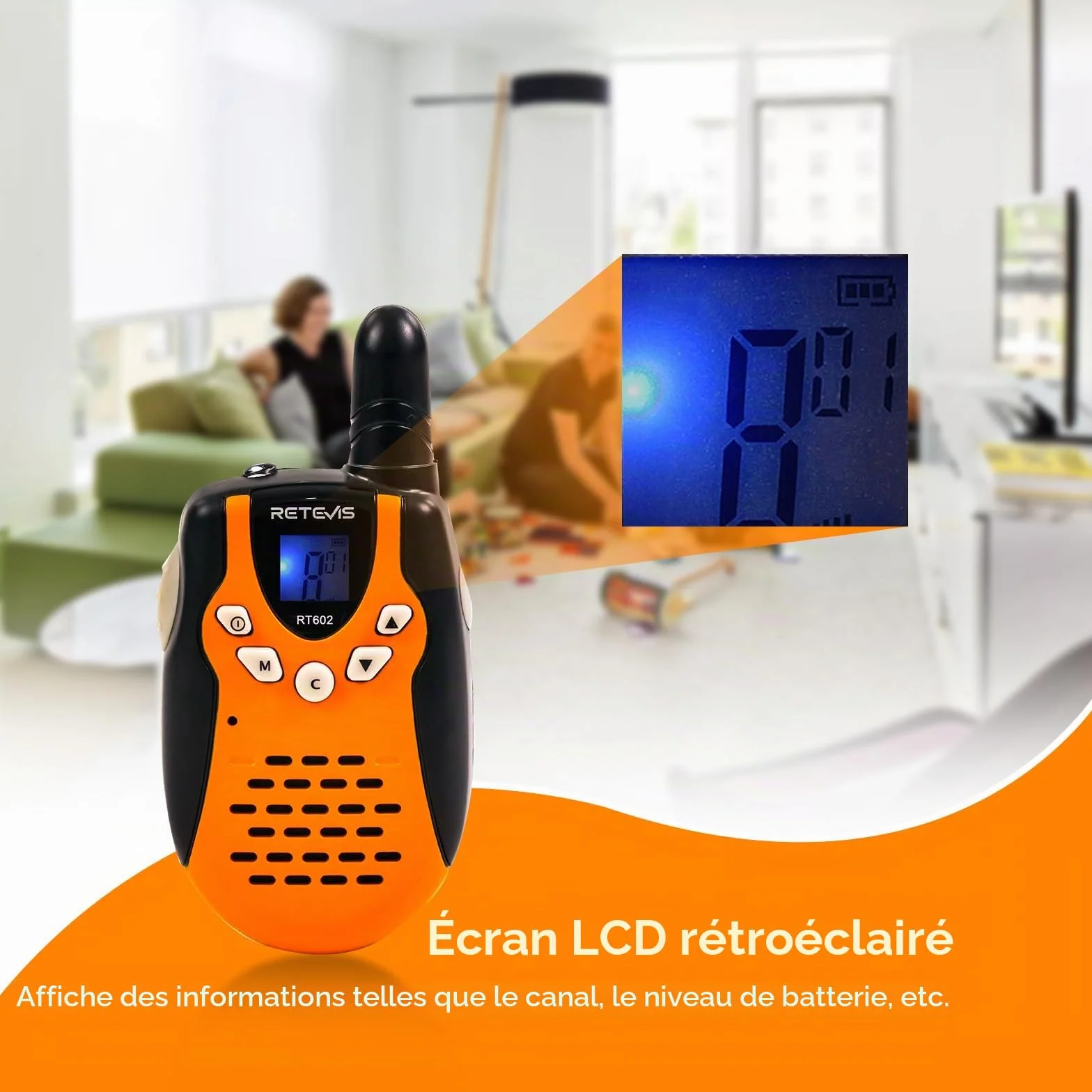 Retevis RT602 Talkie Walkie Enfant Rechargeable avec Base de Chargement et Batterie Li-Ion, Lampe Poche, Cadeau Camping Aventure (1 Paire, Orange)