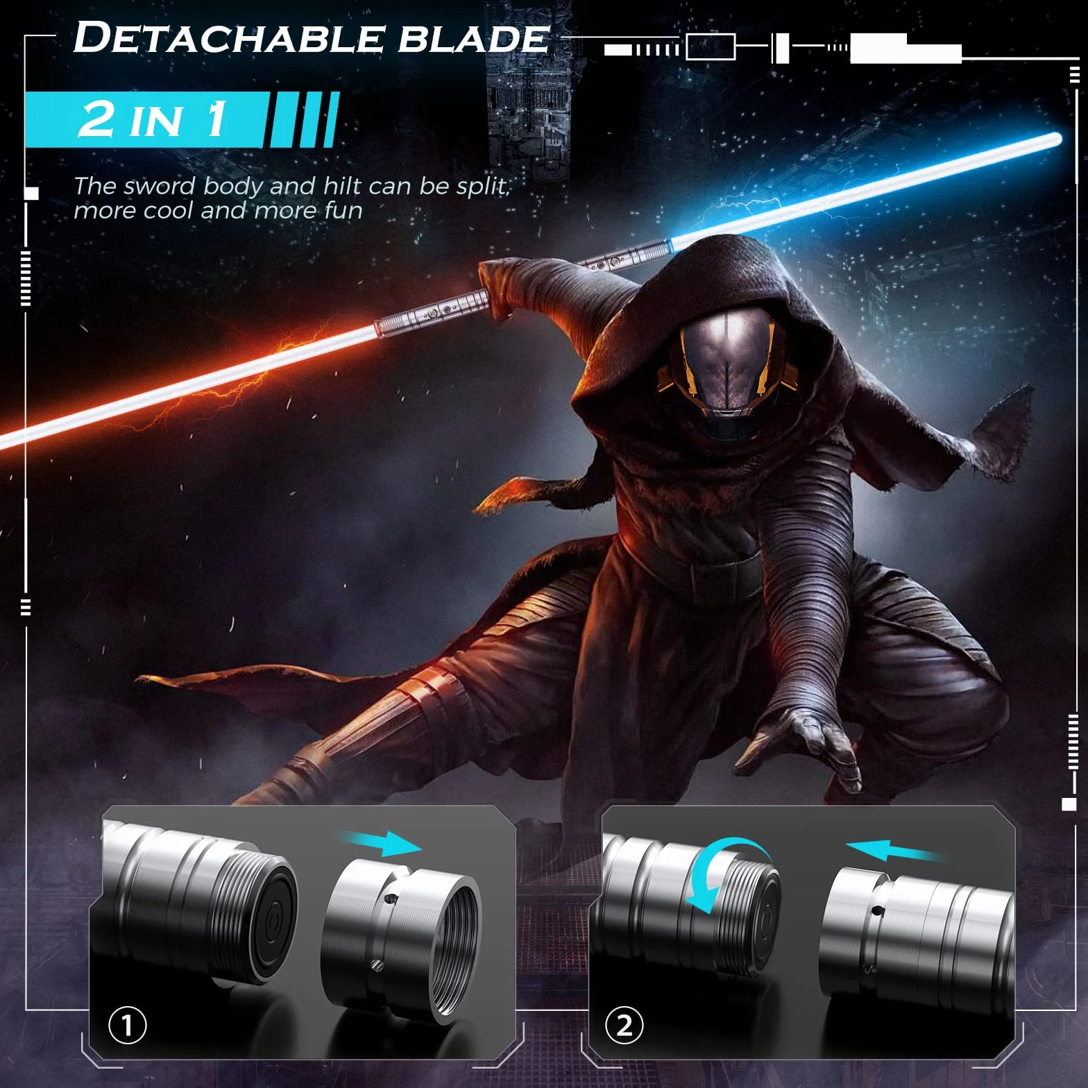 Sabre Laser RGB 7 Couleurs FX Sound Duel USB Rechargeable Métal Aluminium Argent Grip Cosplay