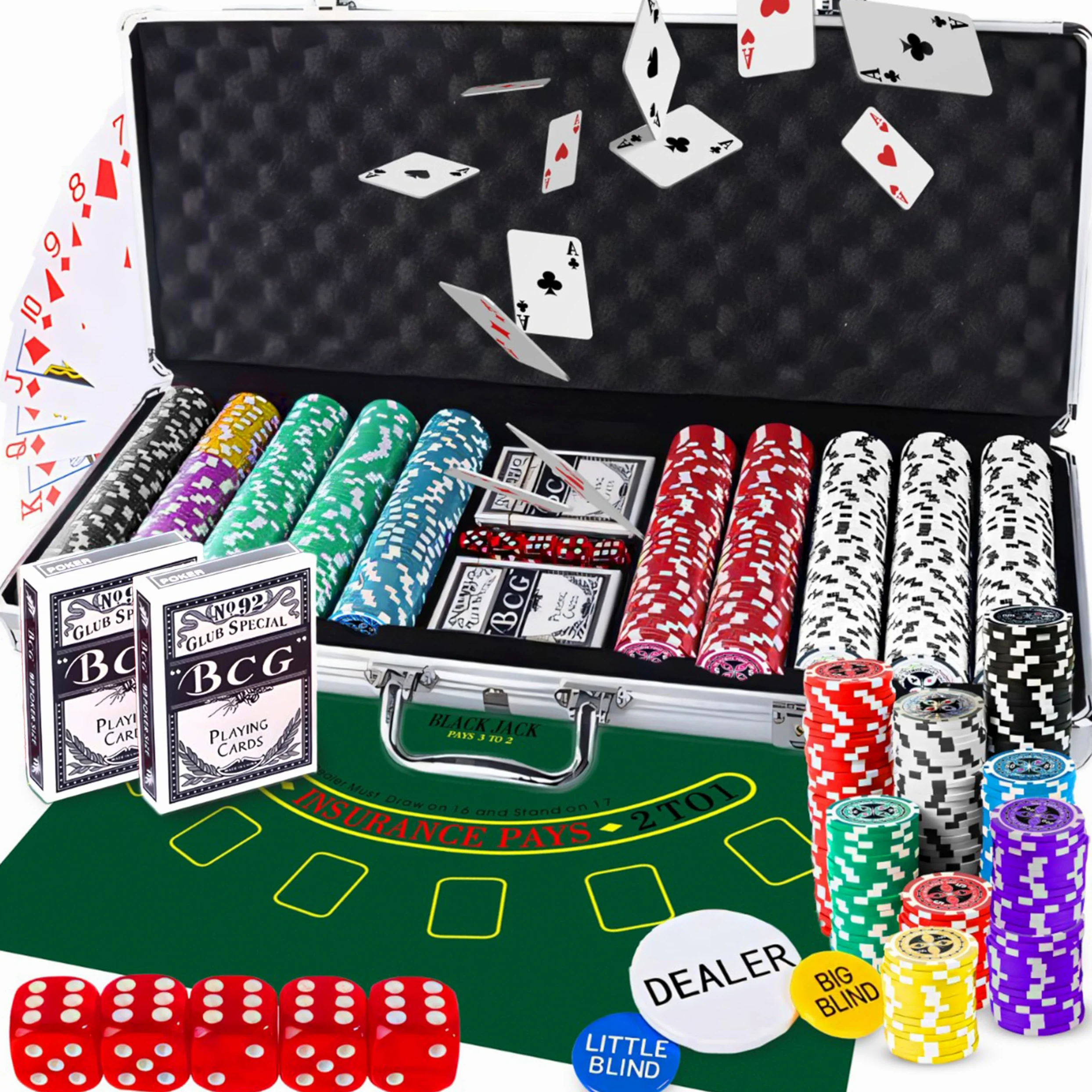 Retoo Mallette de poker 500 jetons dans un coffret en aluminium - Kit complet de poker avec 2 jeux de cartes, 5 dés, 3 boutons de croupier - Parfait pour le Texas Hold'em, le Blackjack et les soirées