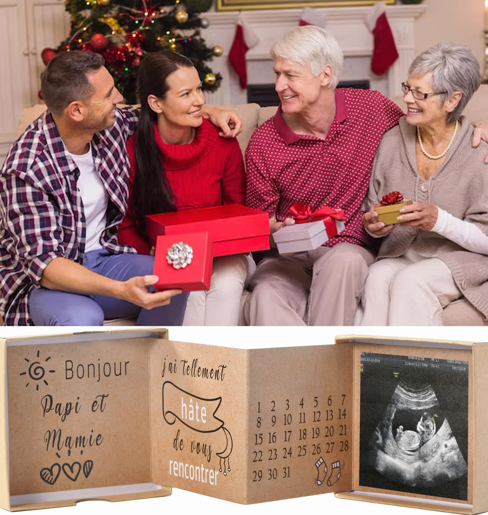 Carte Dépliante Surprise Annonce Grossesse Future Grand-Parents avec Photo Échographie Calendrier Naissance
