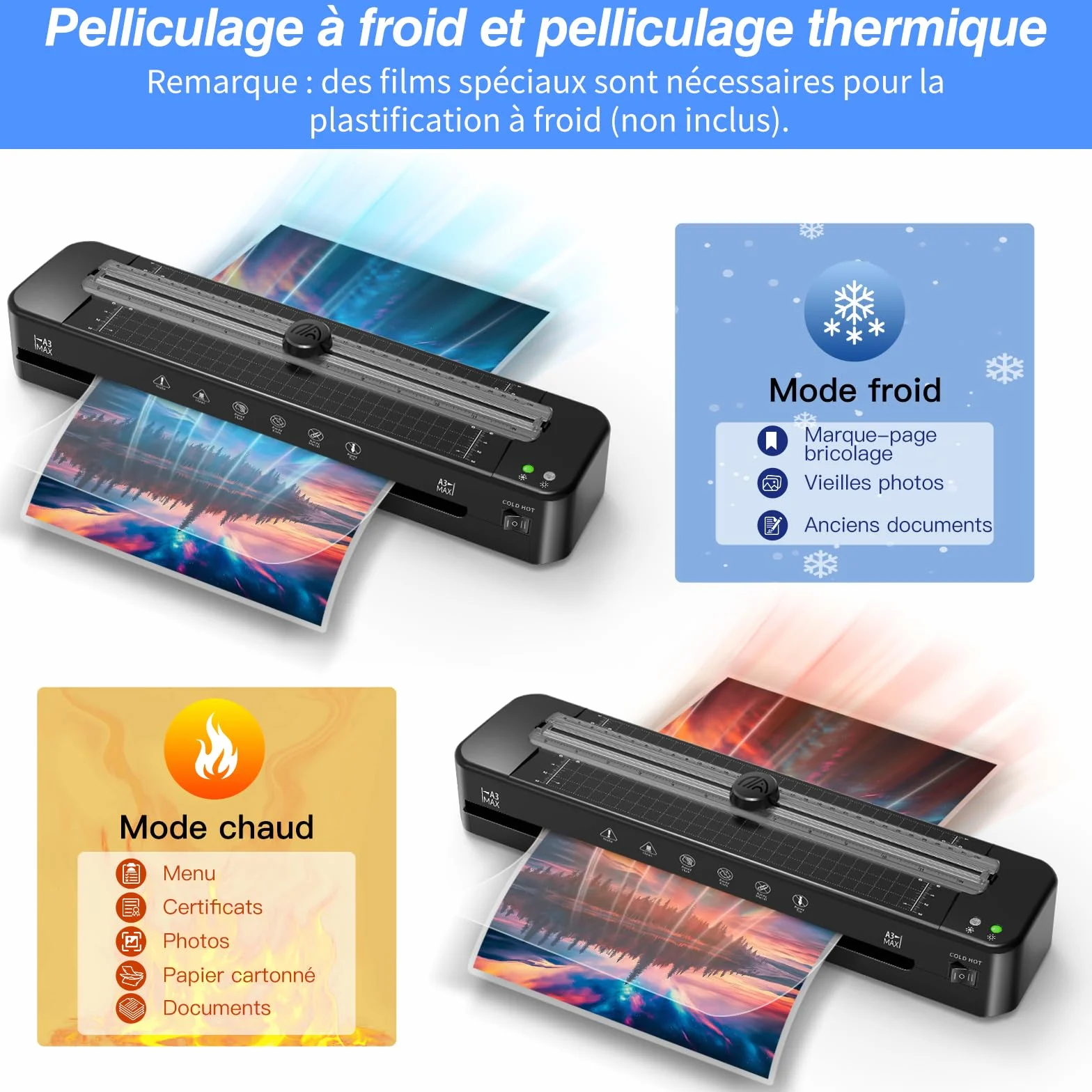 Plastifieuse A3 70S échauffement rapide avec 30 feuilles plastification coupe-papier ronde angle noir