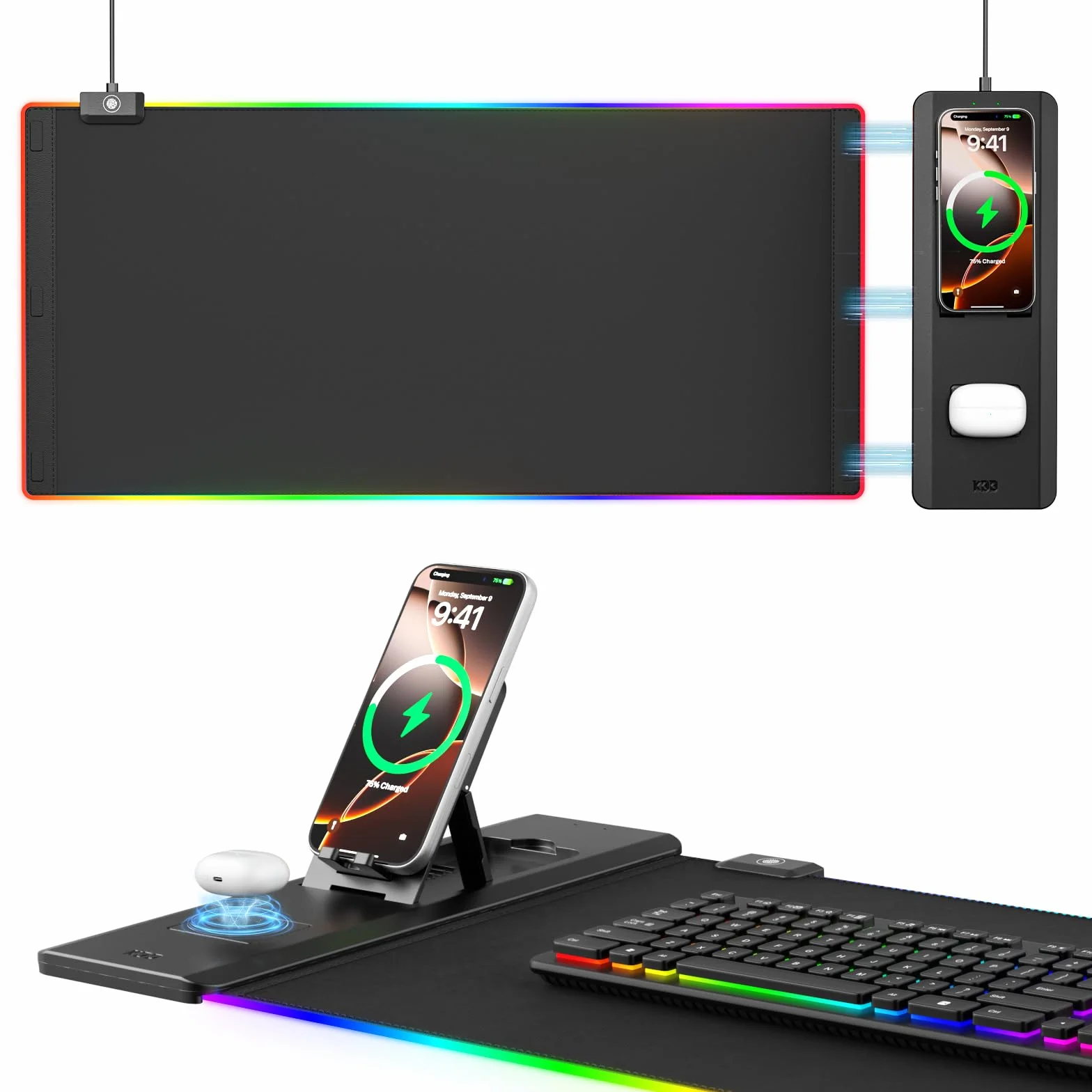KDD Tapis de Souris avec Support Téléphone Pliable - Recharge sans Fil Rapide 15 W - sous-Main Gaming Surface Ultra-Lisse, Base Antidérapante