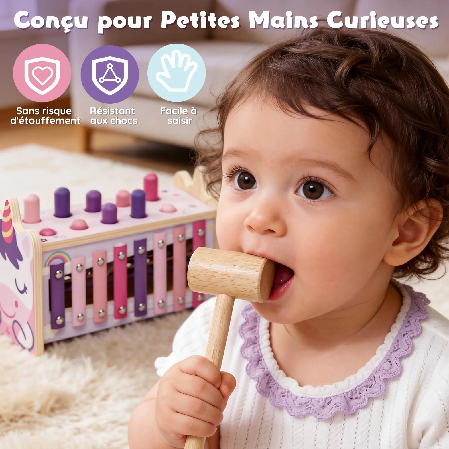 Jouets Montessori 1 An Bébés Jouet en Bois avec Xylophone et Marteaux Filles Jouets d'Éveil Motricité Cadeaux Éducatifs 1-3 Ans