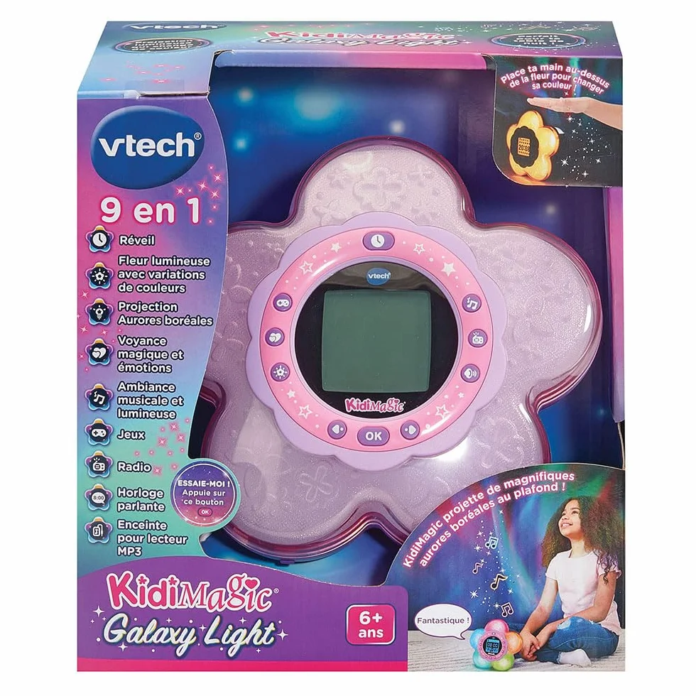VTech KidiMagic Galaxy Light Rose Radio Réveil Enfant 9 en 1 Effets Lumineux Projection Aurores Boréales Enceinte Jeux