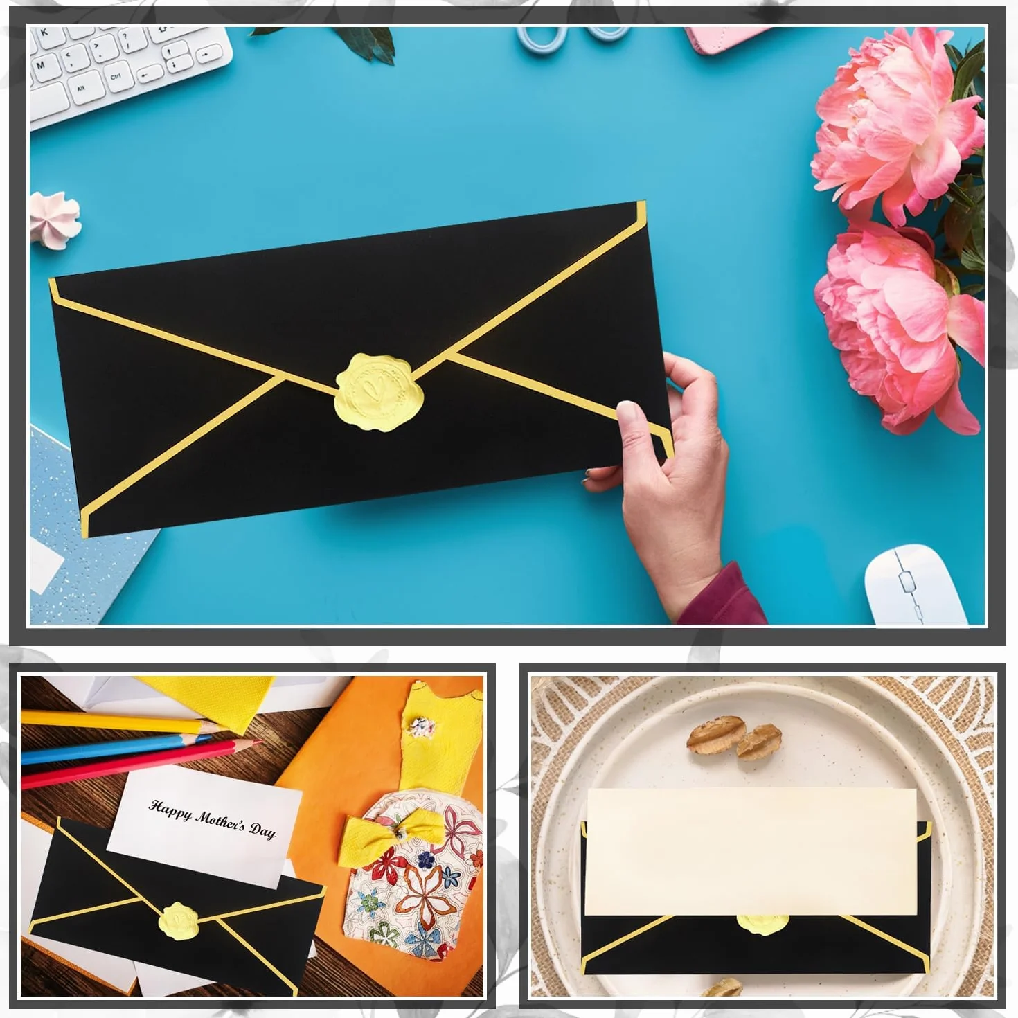Enveloppes professionnelles noires bordure dorée 150 g/m² 24x10 cm autocollants dorés