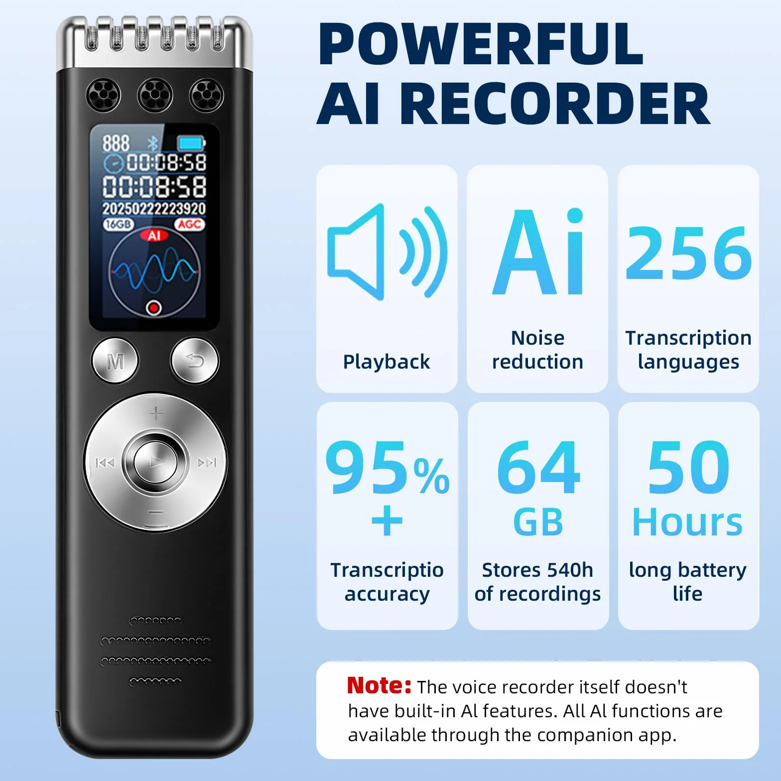 Enregistreur Vocal AI 64GB Professionnel Portable avec Transcription et Résumé, 256 Langues, Contrôle par Application