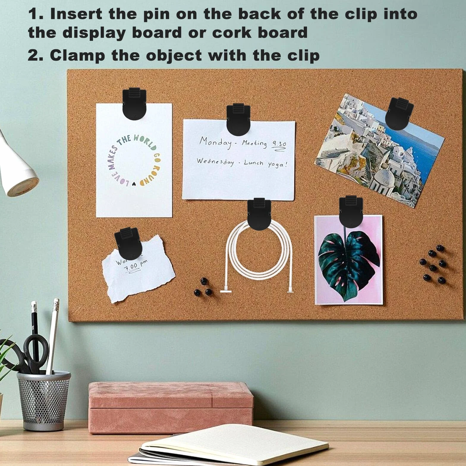 Pinces Cabine en Plastique 40pcs pour Crochets Muraux Punaises Cintres Photos Cadres Notes Mémos (Noir)