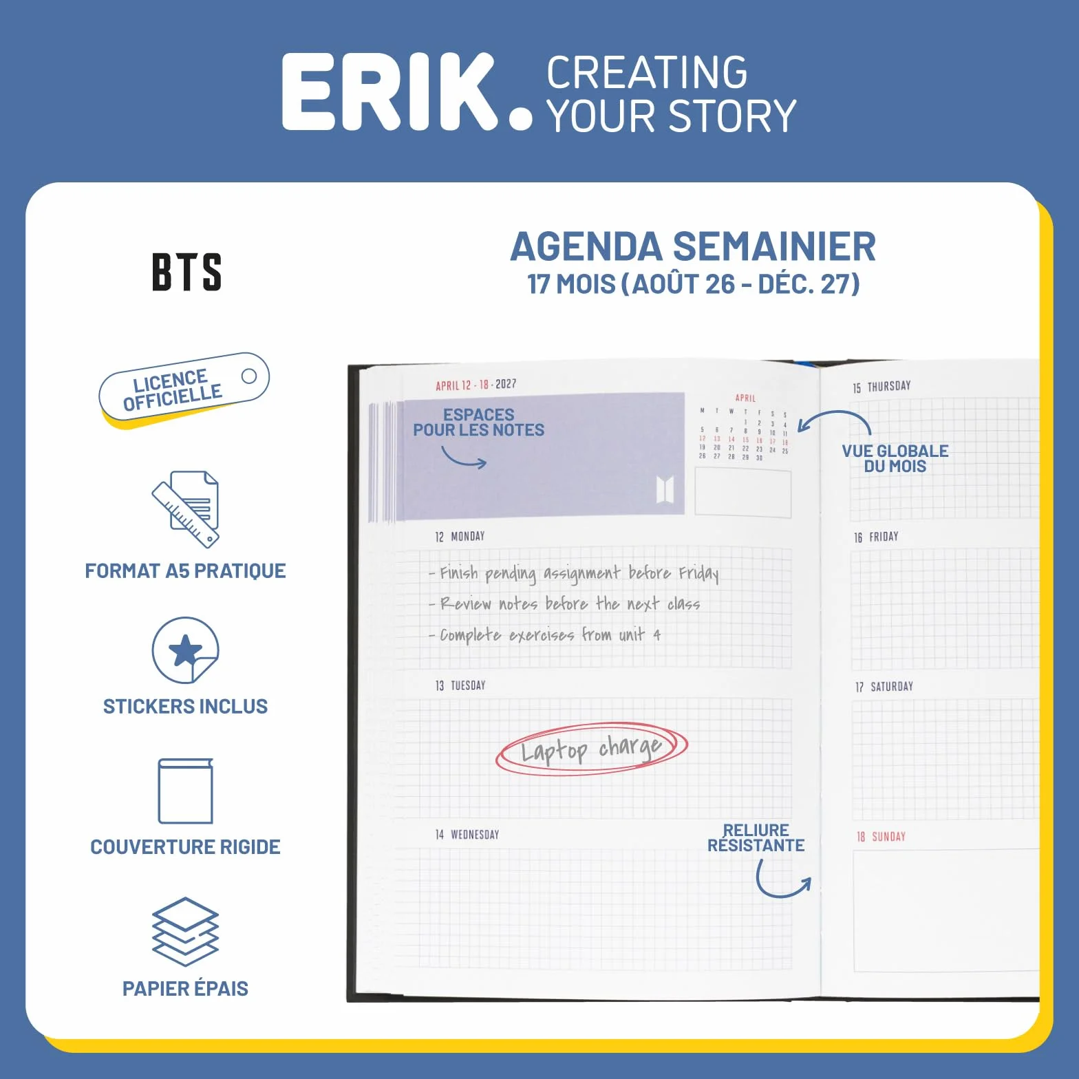 Agenda K-POP BTS 2026 2027 Semainier A5 Fournitures Scolaires Kawaii