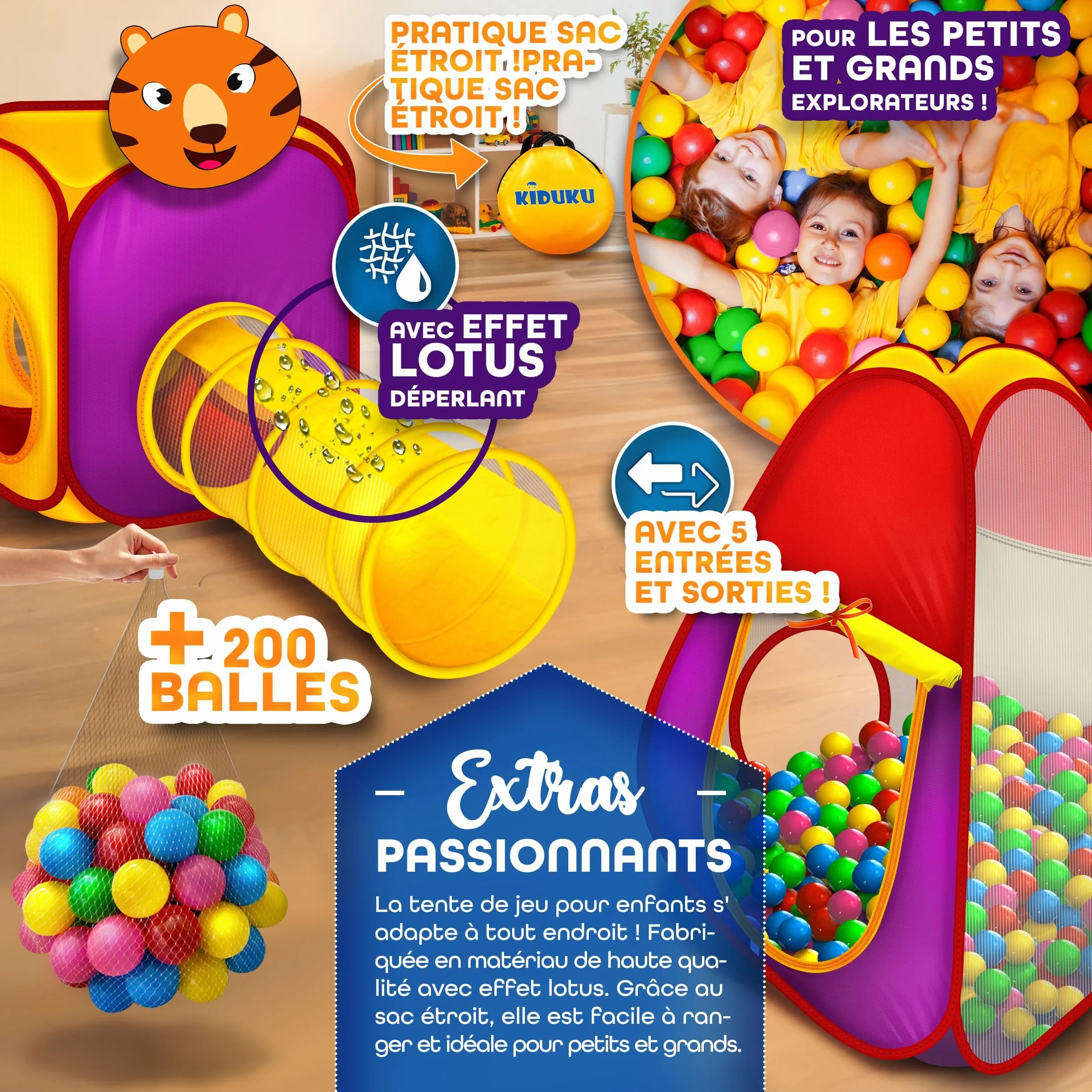 KIDUKU Tente de Jeu 3 éléments avec 200 balles et étui de Transport