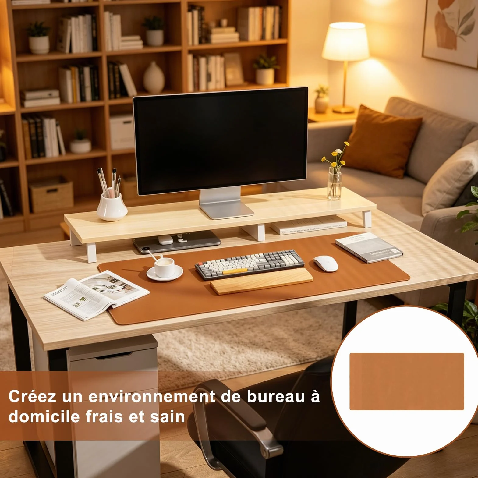 Tapis de Bureau Cuir PU Marron 90x40cm XXL – Sous-Main Antidérapant Imperméable, Protection Bureau