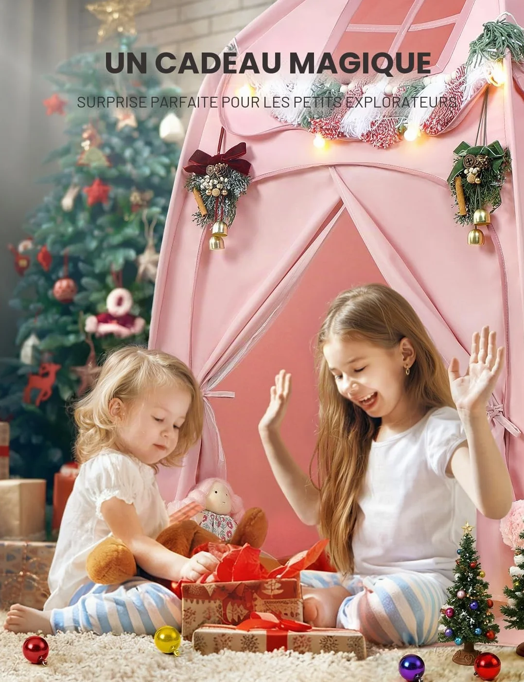 Besrey Tente Château pour Enfant - Cabane Intérieure avec Lumières, Rose