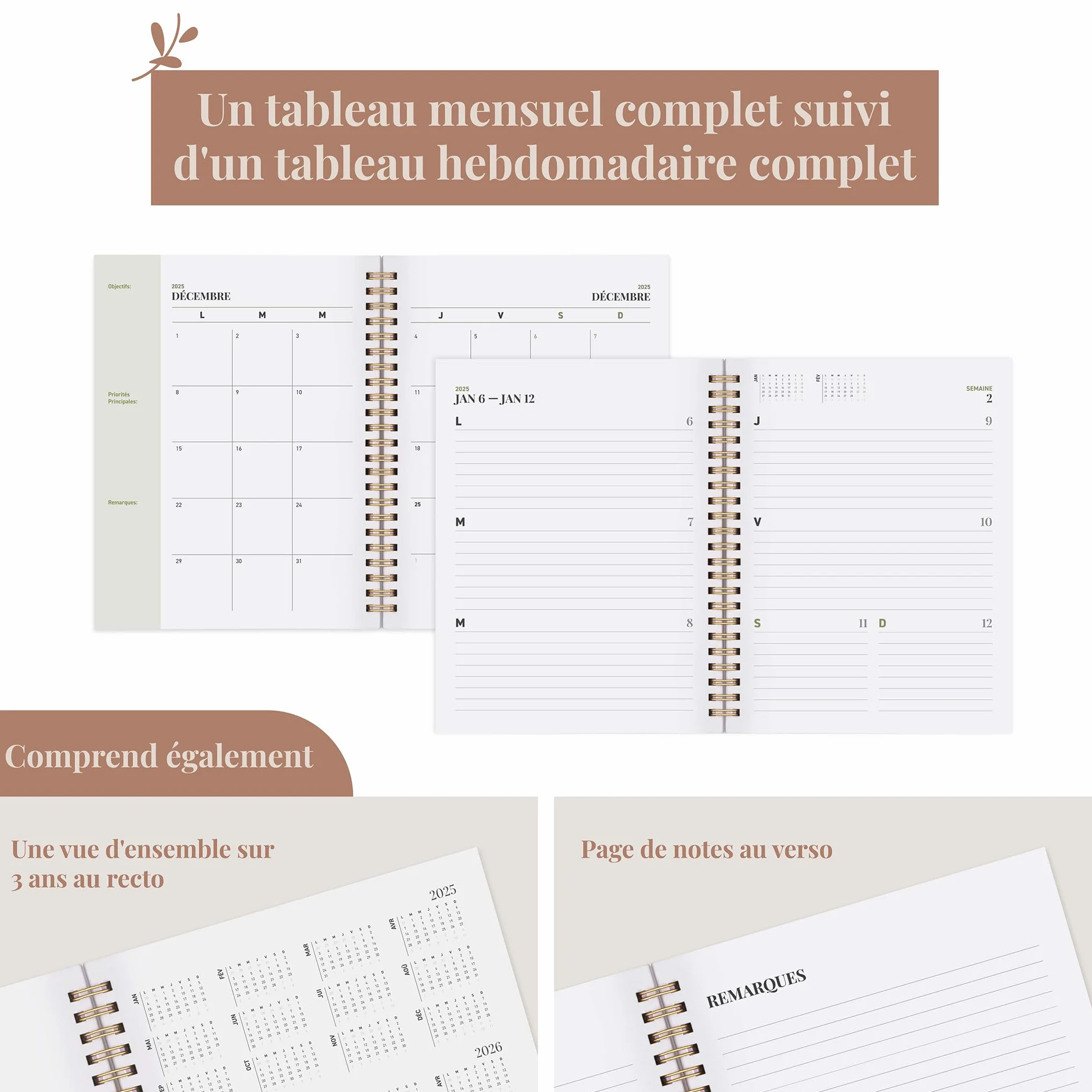 Rileys & Co Planificateur Mensuel et Hebdomadaire, Couverture Flexible, Reliure à Double Spirale, Pages de Notes, Calendrier Vert