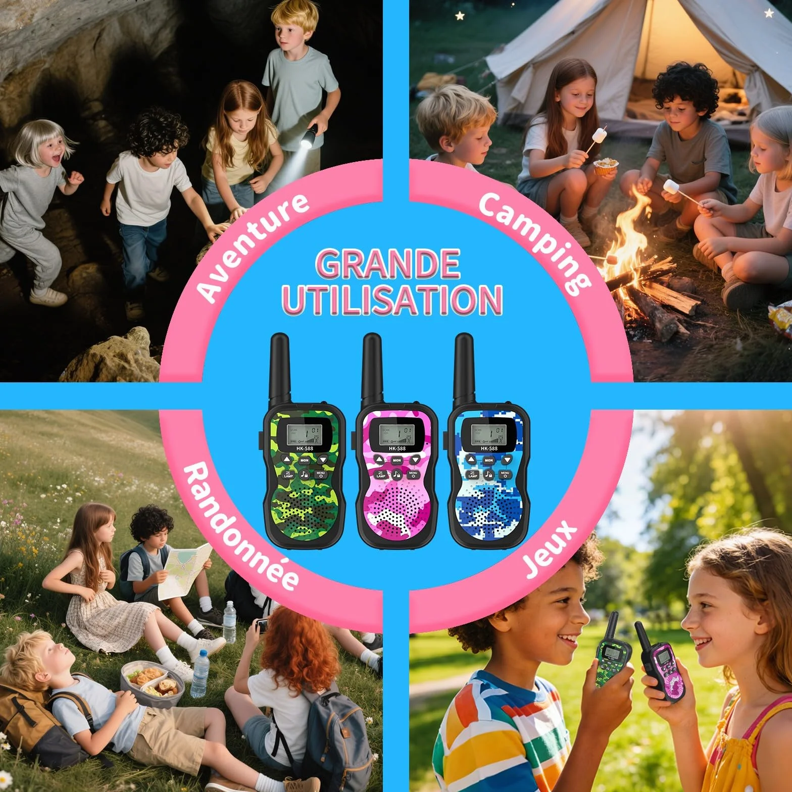 Walkie-Talkies pour Enfants Rechargeables 8 Canaux Autonomie 48h Torche Portée 3KM Camping Jeux