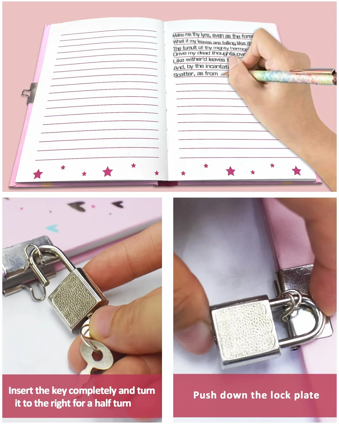 Cahier de Notes Journal Intime Fille avec Cadenas 17,8x13,5cm 80 Feuilles Ligné Paillettes Secouables