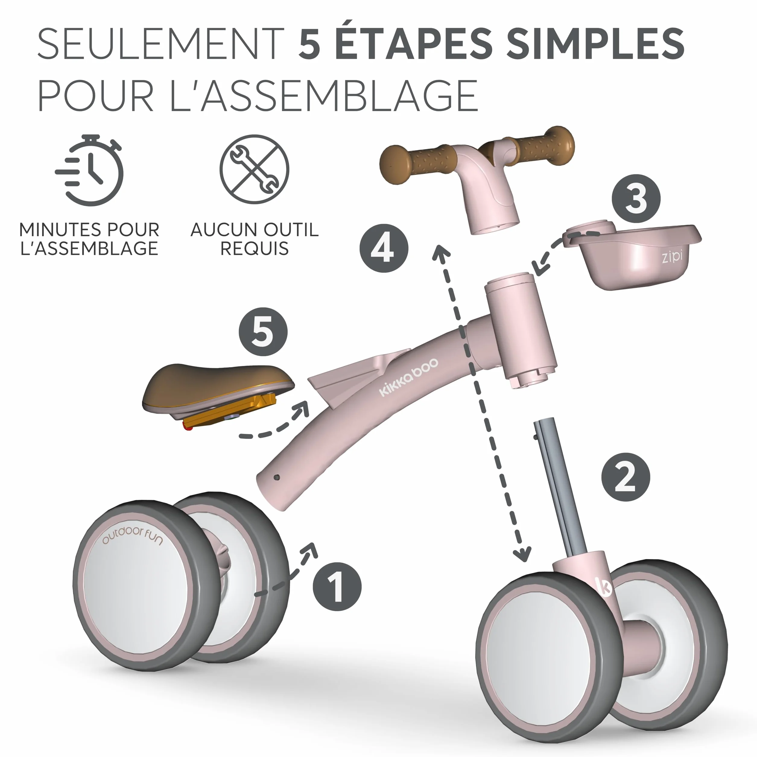KikkaBoo Vélo sans pédales ZIPI, vélo d'équilibre bébé 1-3 Ans avec Panier réglable