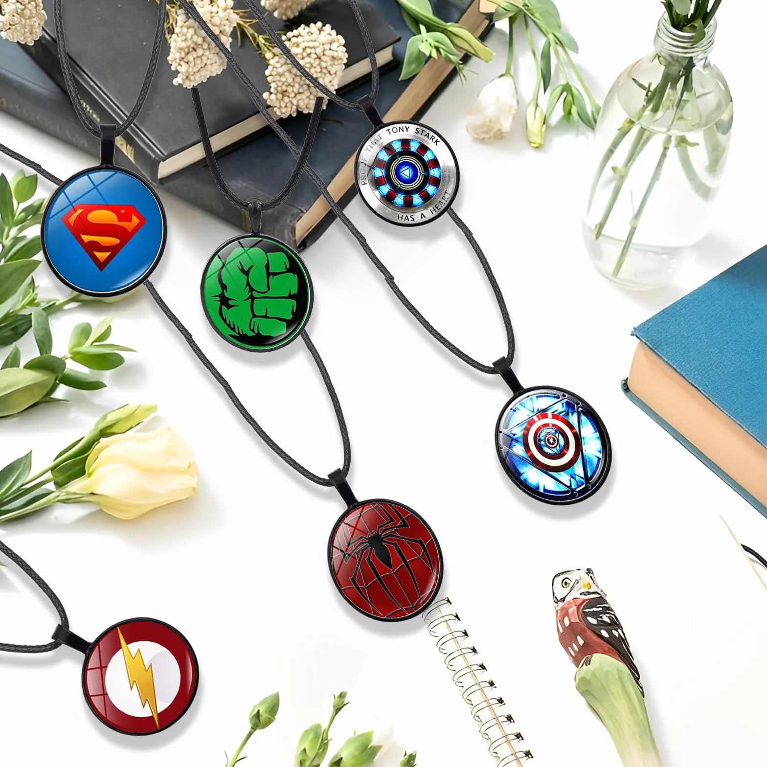 Ensemble De Collier Anime Iron Man Tony Stark Reacteur Hulk Spider Verre Incurve Convexe Rond Pendentif 6 Pieces