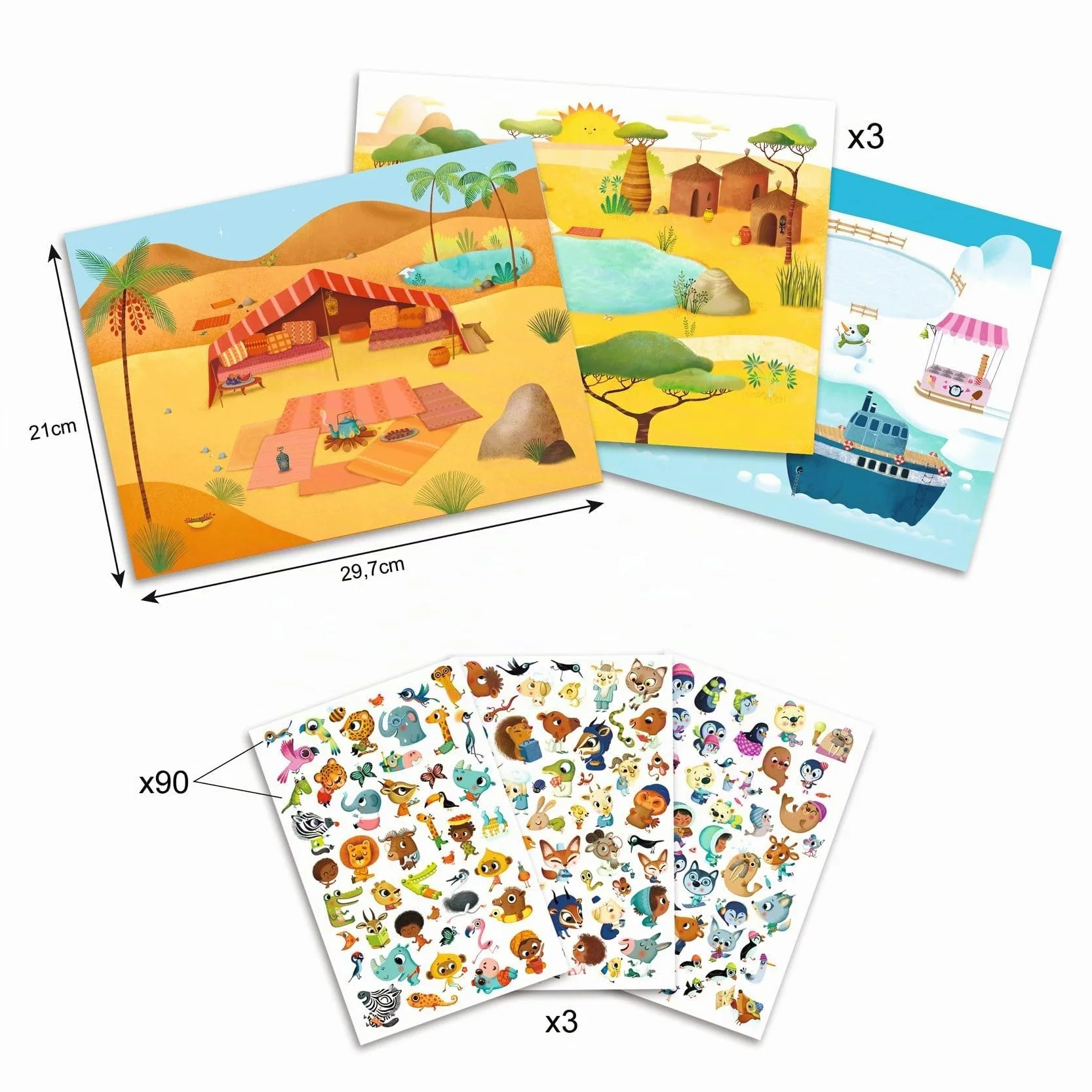 DJECO Coffret Décalcomanies Savane Désert Pôle Nord Enfants 5-8 ans 3 Planches 90 Images