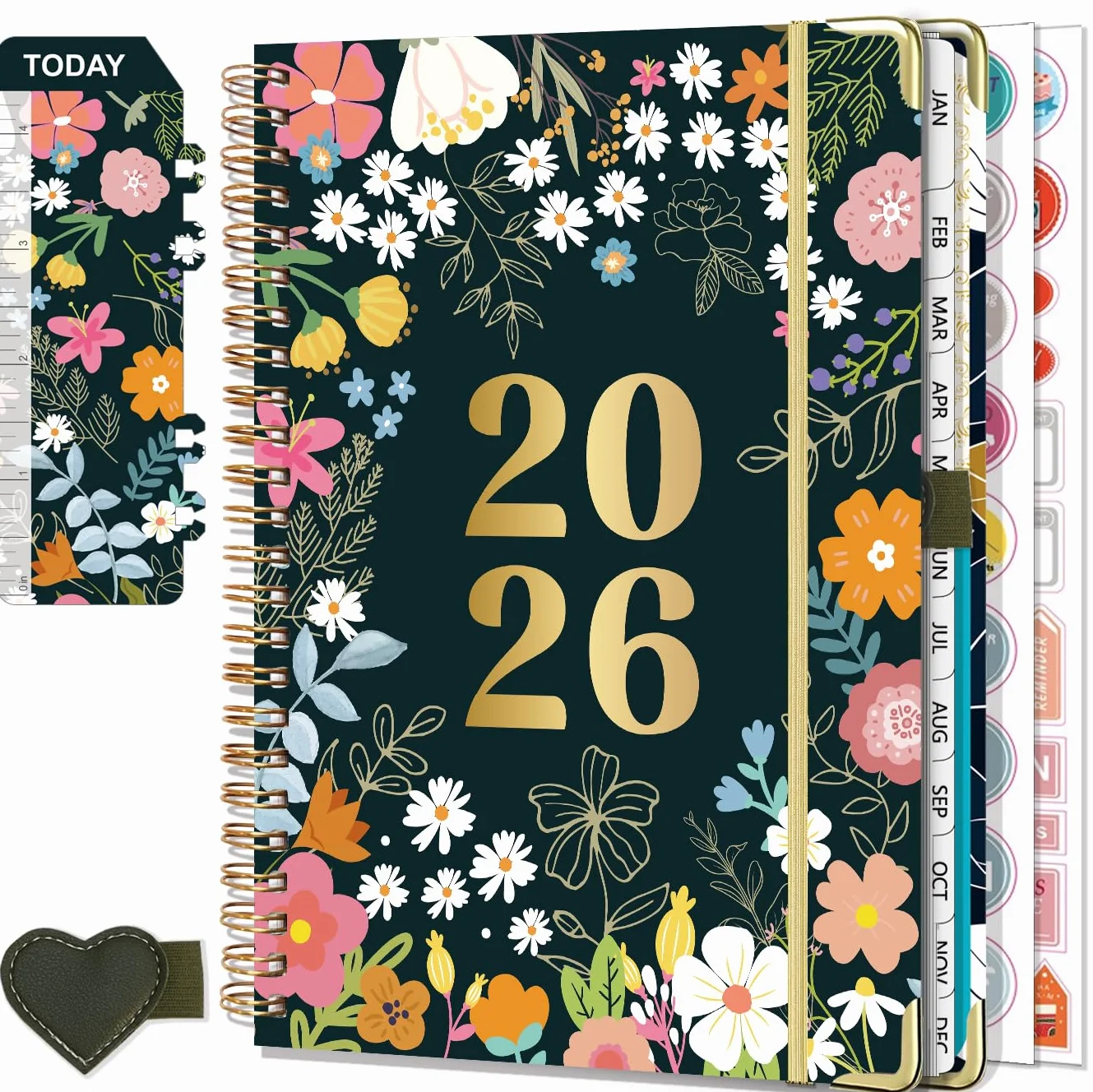 NEYSA Agenda 2026 Semainier Spirale A5 Janvier à Décembre 12 mois avec boucle de stylo, règle signet & autocollants, pochette Rosa